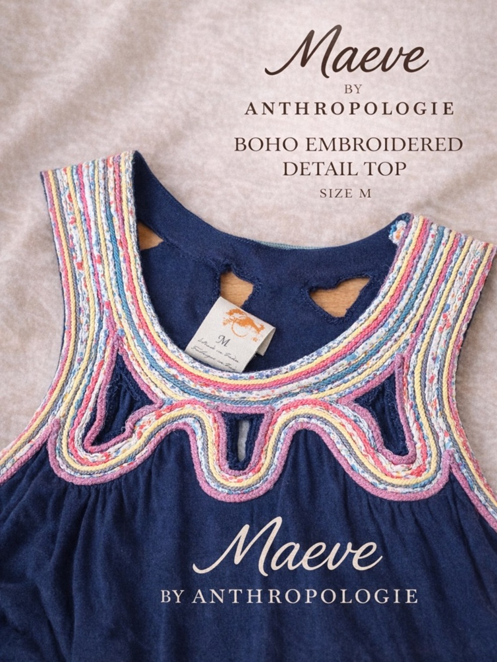 Maeve Anthropologie Boho Embroidered Top Size M Navy Sleeveless Festival Blouse